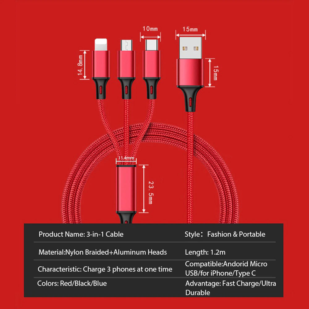 3 In 1 USB Cable For 'IPhone XS Max XR X 8 7 Charging Charger Micro USB Cable For Android USB TypeC Mobile Phone Cables Naash